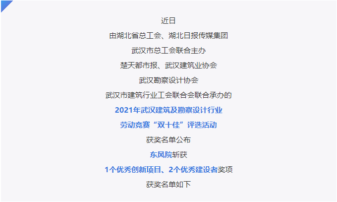 喜报！2021武汉建筑业“双十佳”名单公布！东风院再获佳绩！