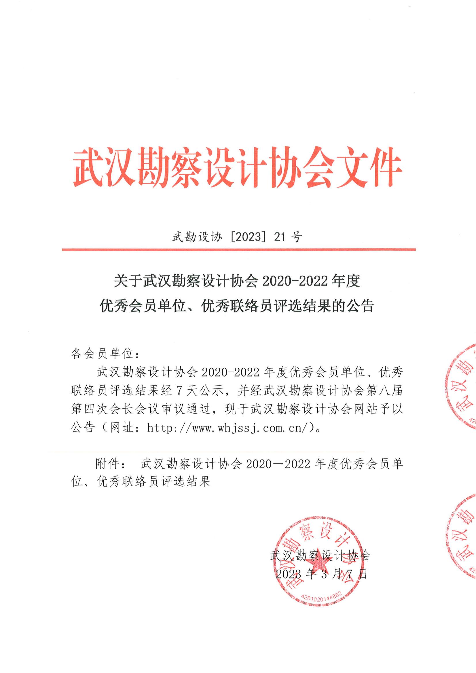 关于武汉勘察设计协会2020-2022年度优秀会员单位、优秀联络员评选结果的公告